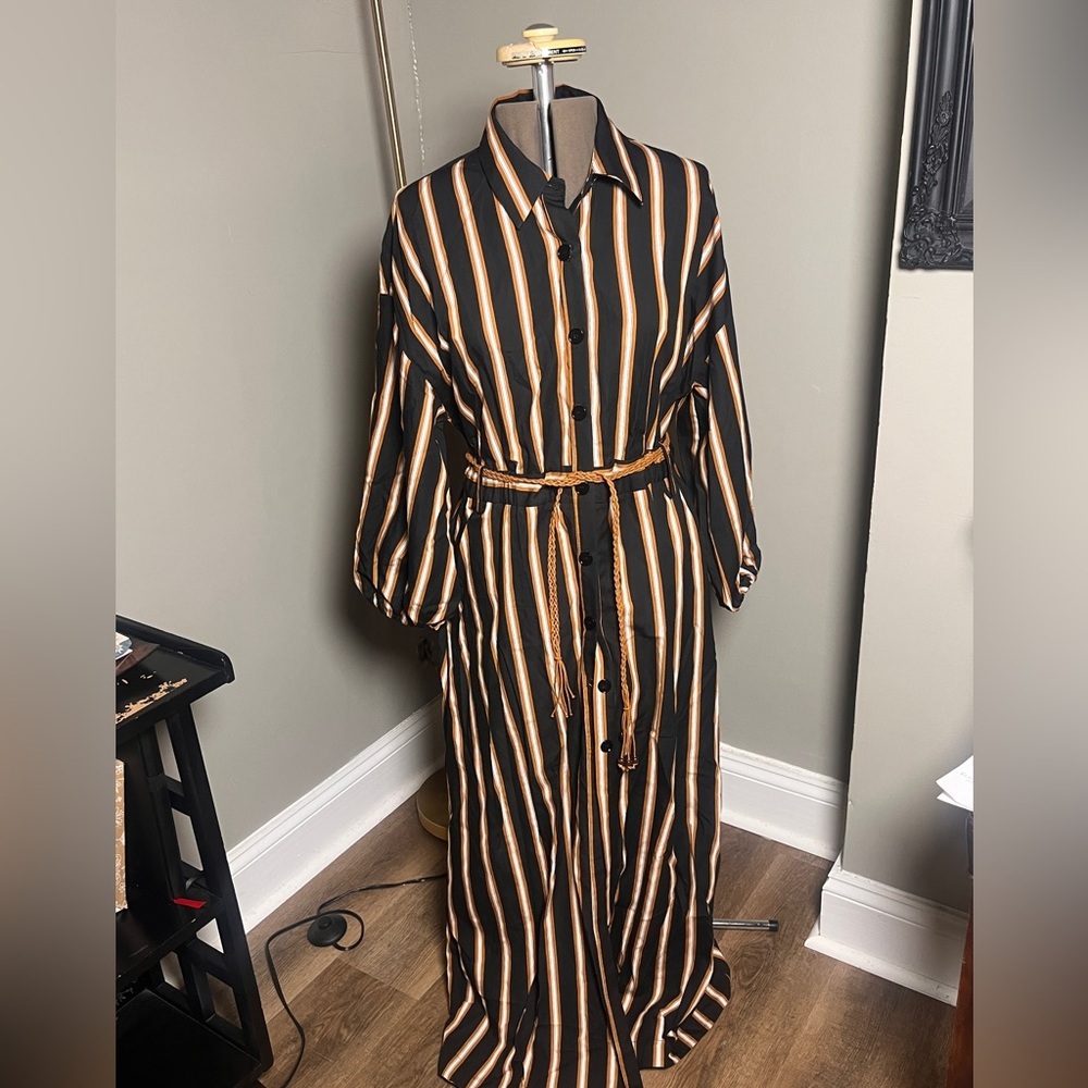 ICONA by Kaos Italian Striped Button-Front Dress Black Tan White Size 8